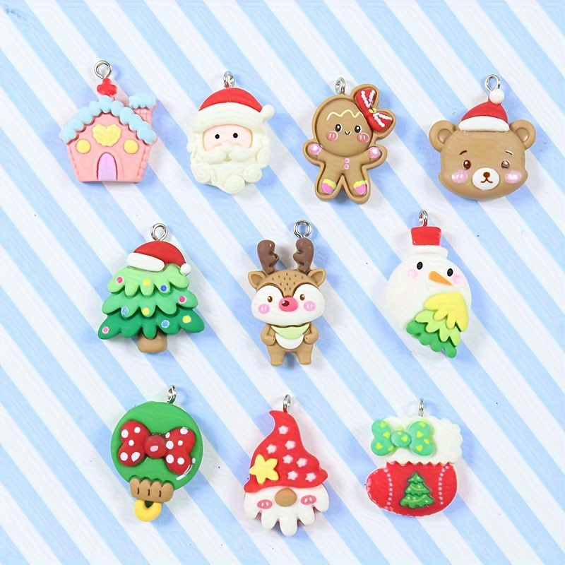 

10pcs Christmas Cartoon Cute Resin Pendant Santa Claus Flat Back Nailing Charms Diy Necklace Bracelet Keyring Accessory