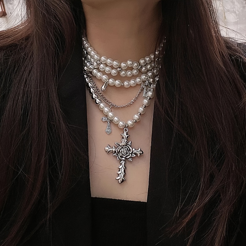 1pc elegant multi-layered pearl & crystal cross pendant necklace - chic clavicle chain for women, & parties, charm necklace details 2