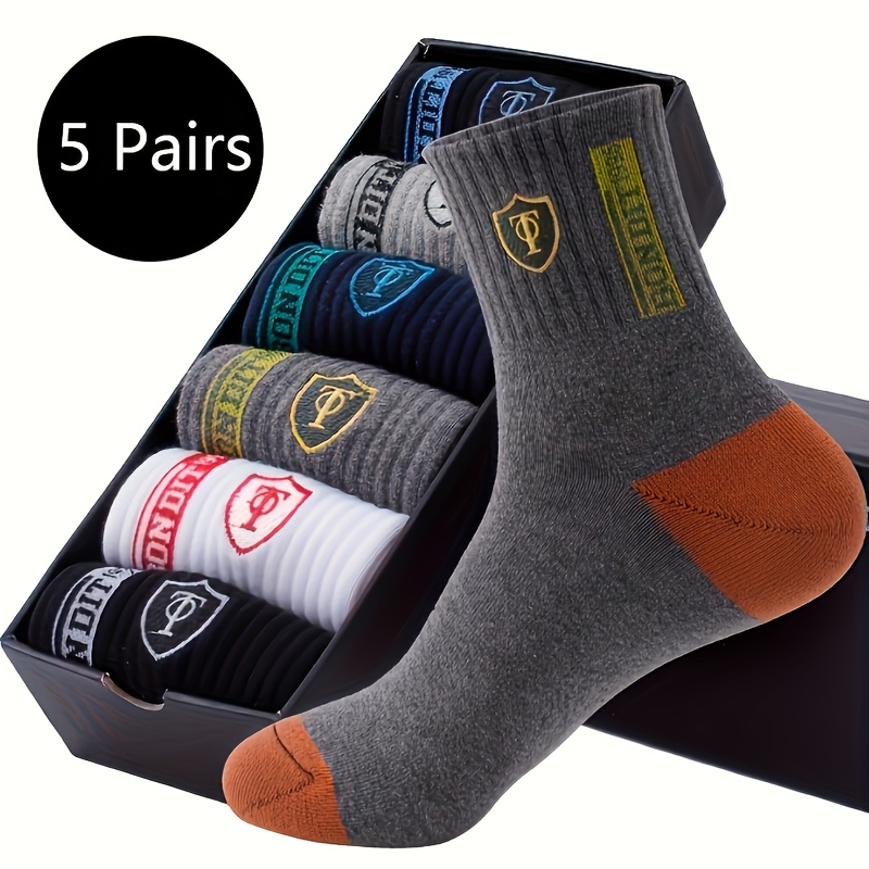 TEMU Men's Hiking Socks 5 Pairs/10 Pairs, Men's Mid Crew Socks Deodorizing Sweat-absorbent, Knit Fabric, Solid Color, And Spandex Blend,
