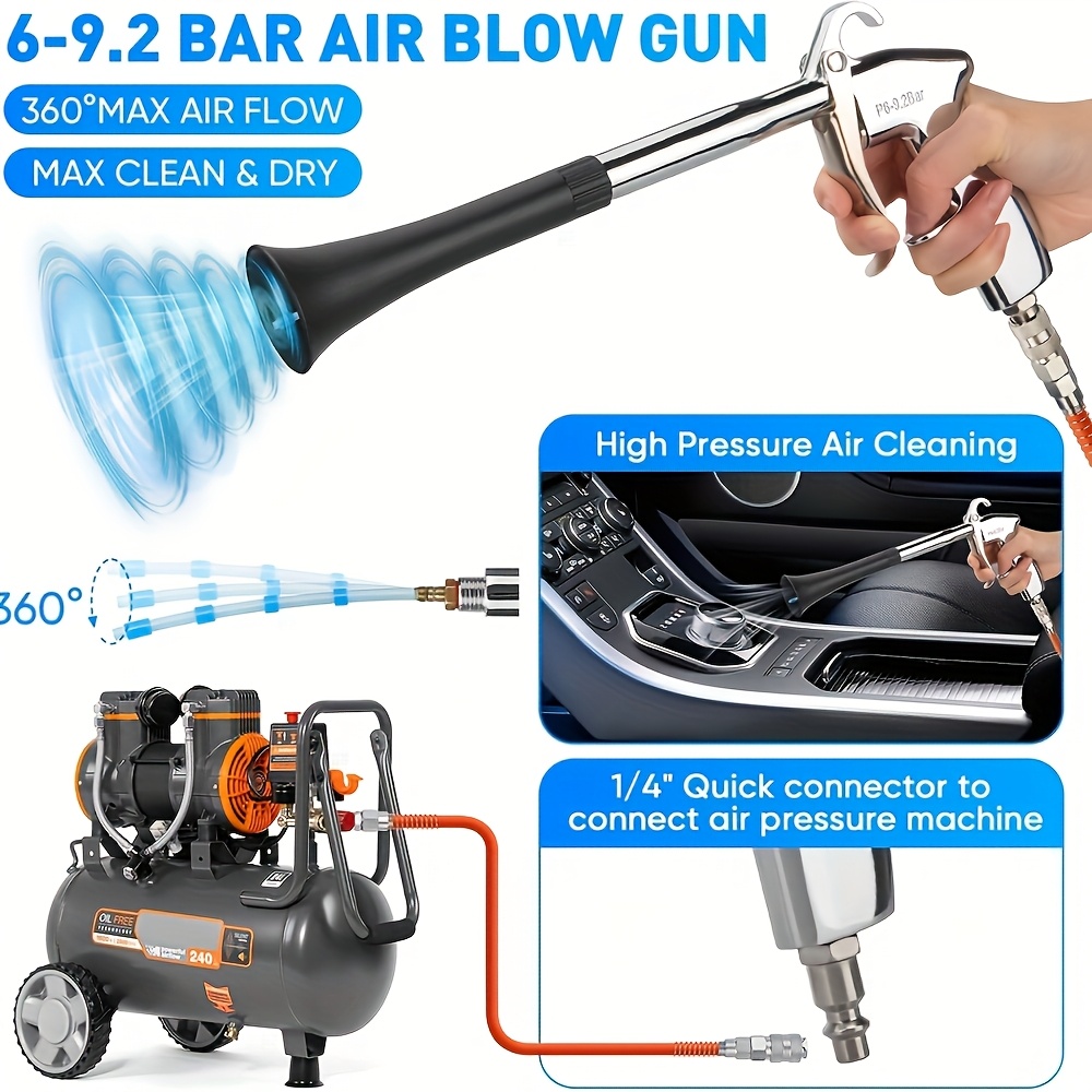 Automotive Interior Cleaning Tool With A 1/4 Inch High-pressure Spray, Includes 2 Nozzles And A Pneumatic Blow Gun