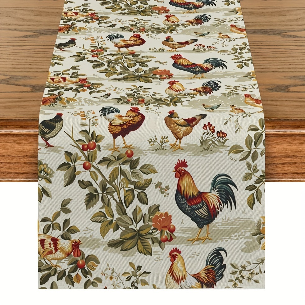 

1pc Table Runner, Rooster Oil Painting Pattern Vintage Table Runner, Household Durable Creative Decorative Table Runner, For Home Dinning Room And Restaurant, Table Decor, Home Supplies