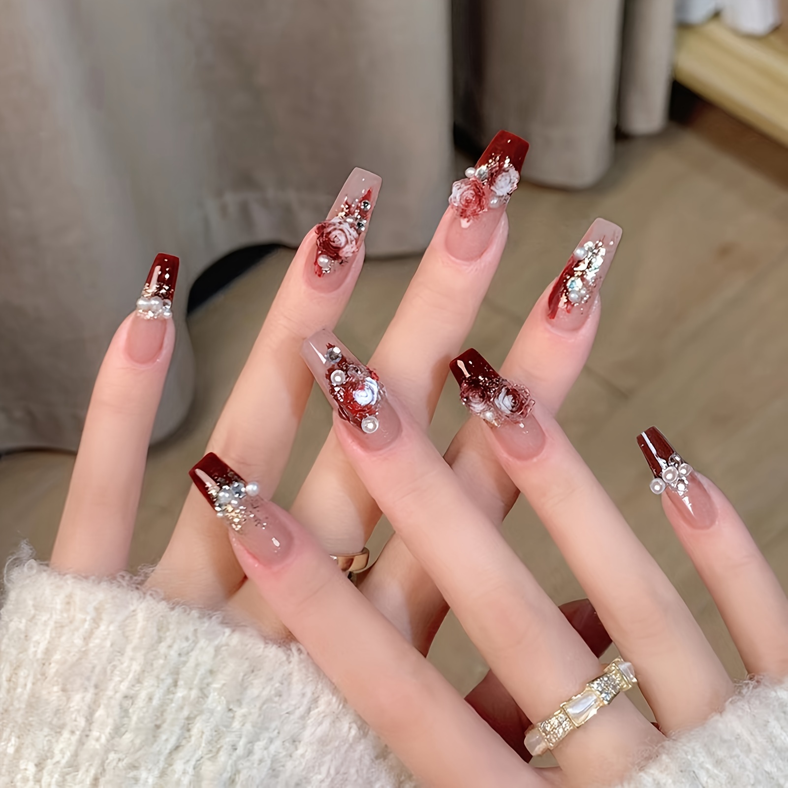 

24pcs Ballerina Press On Nails Medium Long Red French Tip Fake Nails With 3d Design Glossy 3d Flowers Acrylic Nails Nude Full Cover Glue On Nails For Women Girls Manicure Decorations