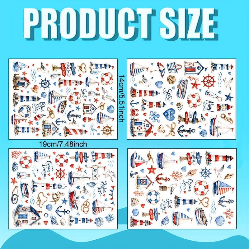 Image of 4 Sheets/set, Nautical Theme Transfer, Watercolor Sailboat Lighthouse Seagull Patterns, And Style Transfer, Fun Ocean , Suitable For Mugs, Coffee Cups, 16oz Glass Tumblers, Phone Cases, Ceramic Cups