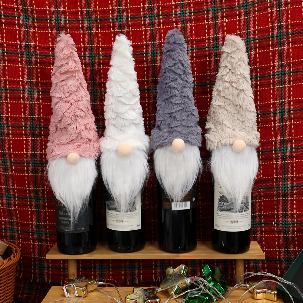 TEMU 4-teiliges Weihnachtsdekorations-Set: Spiralhaar-Weinflaschenhülle, langer Hut, Ältere Person, klassischer Stil, vierfarbig, passend für