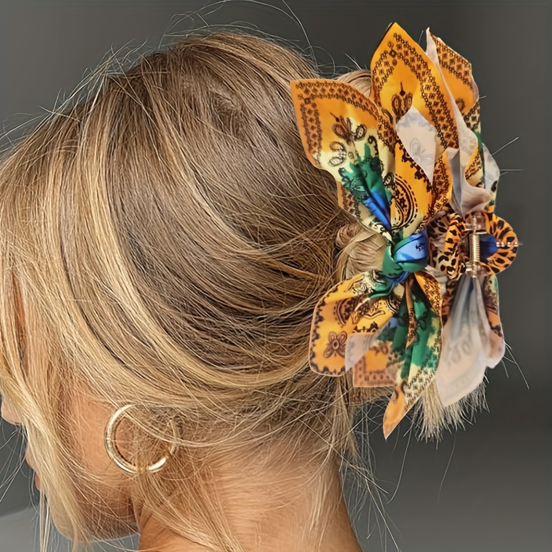 

Vintage Elegant Oblong Hair Claw Clip With Bow And , Bohemian Style Plastic Hair Clip With Floral Print - Big Size For Women, 14 Years And Up, Single Piece