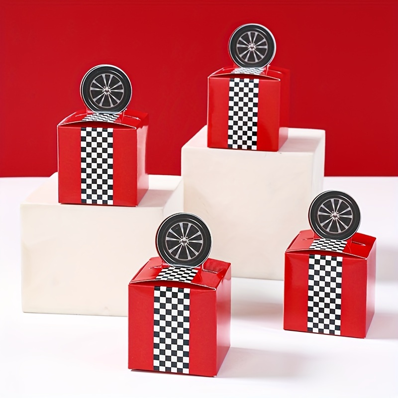 

Boîtes cadeaux 3D à motif de course rouge, 24 pièces, boîtes en à carreaux pour la décoration de fête prénatale et anniversaire, emballage multi- pour les événements sur le thème de