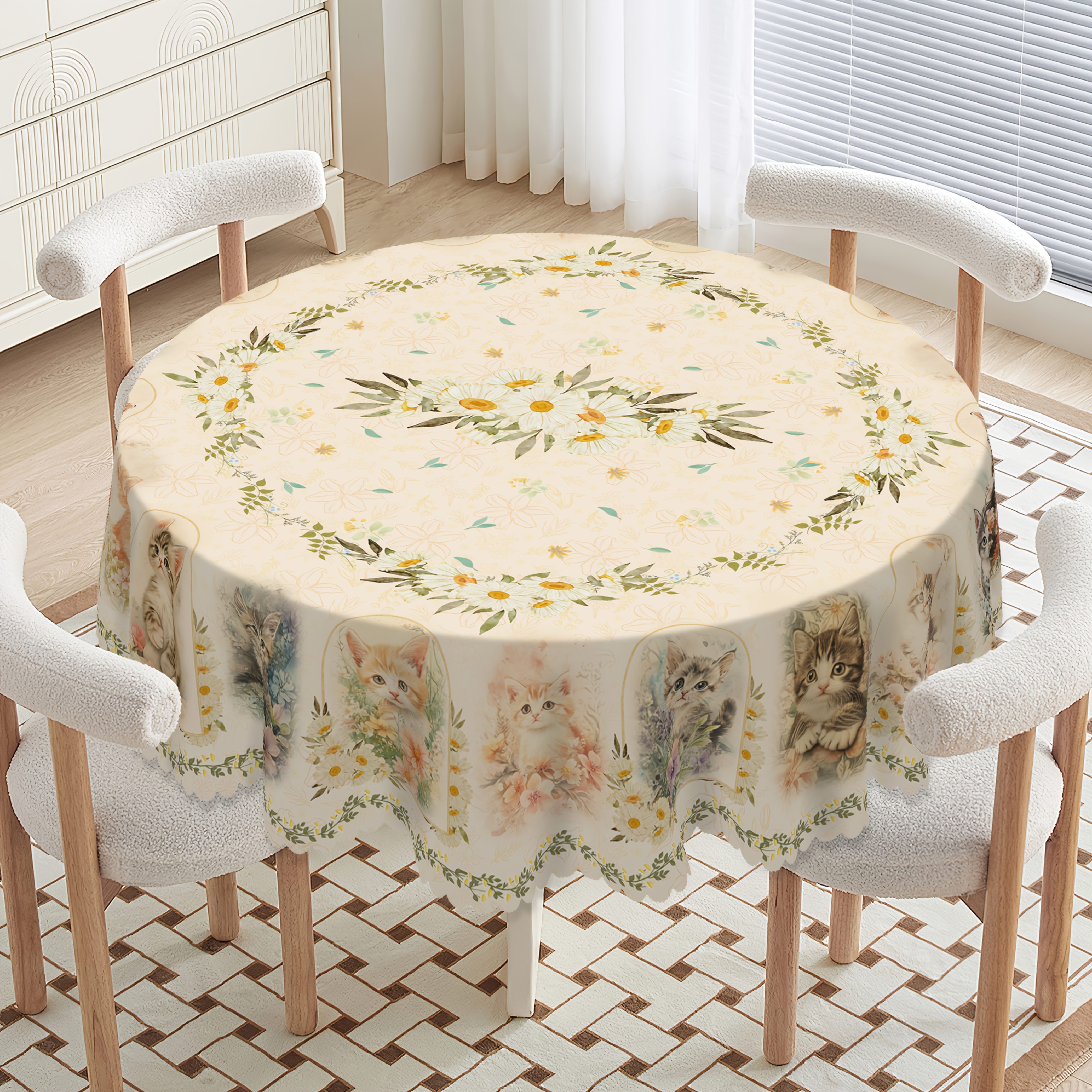 

1pc Cat & Daisy Design Round Tablecloth - Waterproof, Stain & Wrinkle Resistant Polyester, Ideal For Spring/ & Garden Decor, Fits Indoor & Outdoor Dining Settings