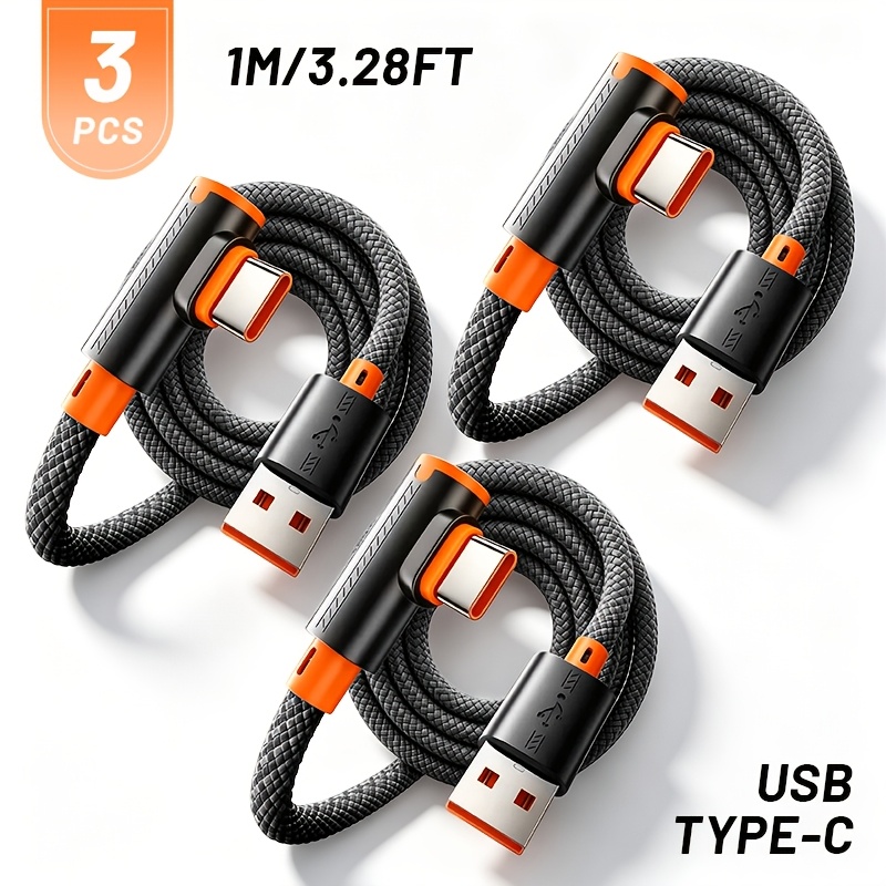 TEMU 3pcs 90 Degree Elbow Usb To Type-c Fast Charging Data Cable 6a Transmission Usb A-c Braided Charging Cable For Huawei For Oppo For For Vivo For