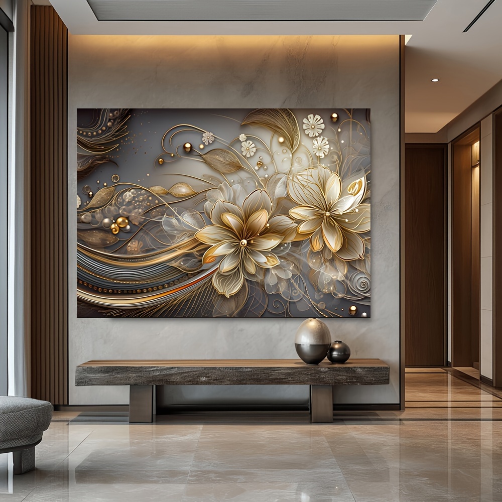 

Elegant Golden Floral Canvas Art, 31.49x47.24in - Modern Wall Decor For Living Room & Bedroom, High-quality No-frame Poster