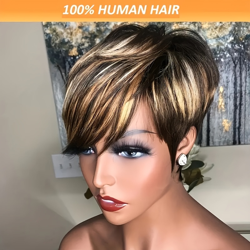 

1pc Brazilian Remy Hair Women's Short Cut Wig, 6-inch Straight Human Hair, 180% Density, Full Machine Made, Cap, 1b/27/60 Color, Chic Daily Use Wig