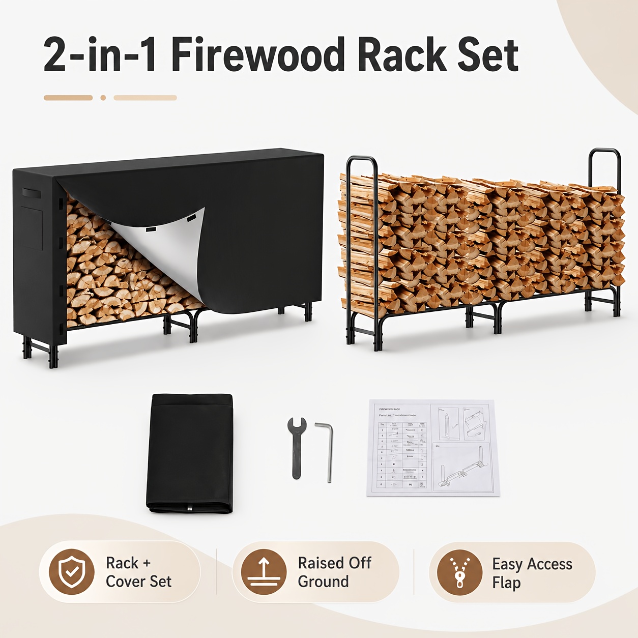 Image of 2-in-1 Outdoor Firewood Rack With Protective Cover Holder Stand Black Raised Firewood Storage Shelf Wood Stacker Organizer For Patio Garage Fireplace Indoor Outdoor 244 X 34.5 X 124cm