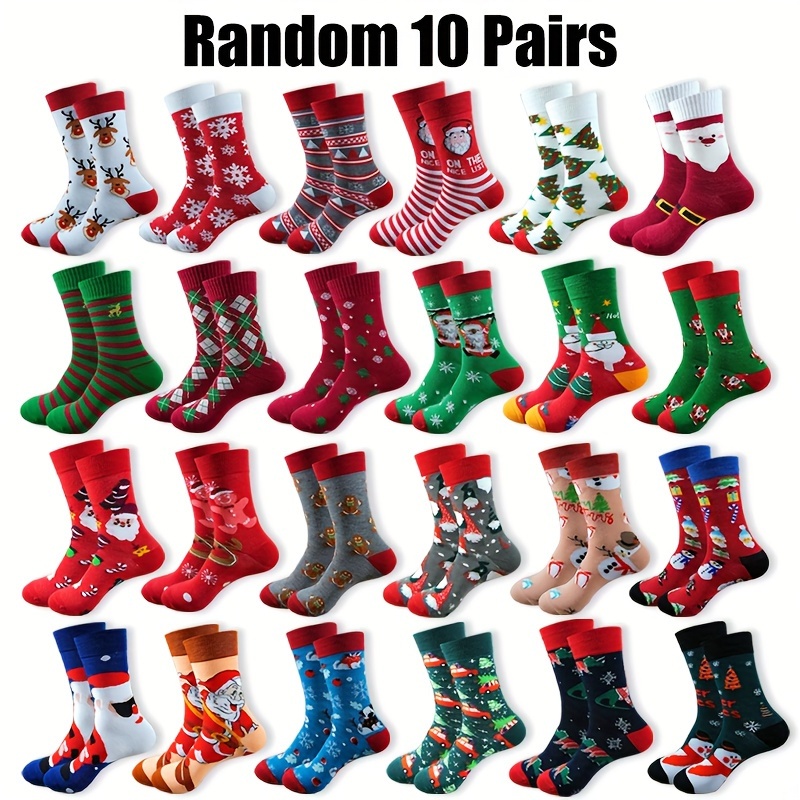 TEMU Christmas Tree Claus Stripes Pattern 5 Pairs Mid Crew Socks, All- Casual Socks For Running