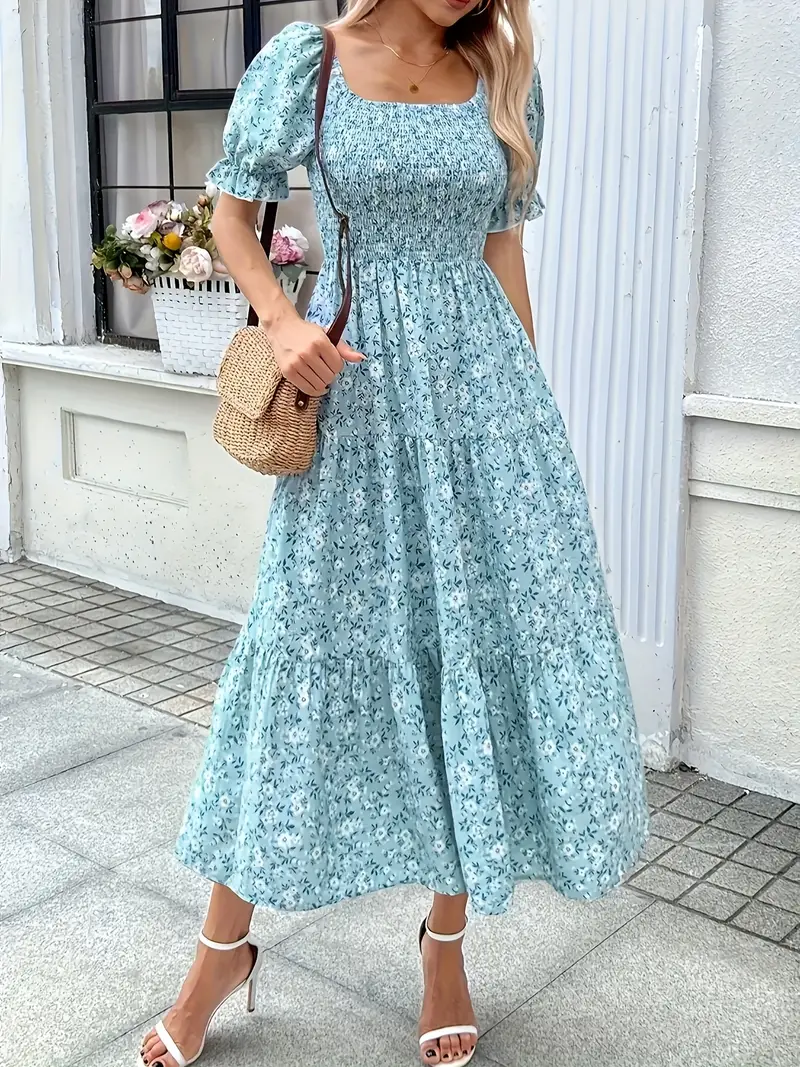 cute midi dresses with sleeves Swsmclt Women's Midi Dress Casual Dresses Summer Ruffle Swing Dress Cute Ruched Puff Sleeve Short Sleeve White Large