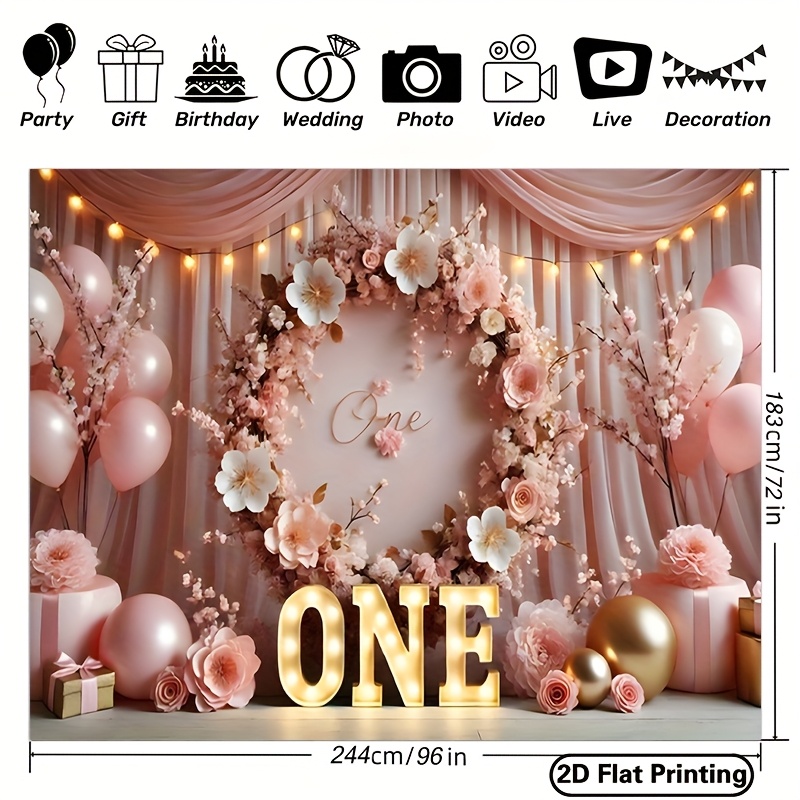 TEMU Banner Plat 2D - 1pc Bannière Élégante à Floraux Roses pour Anniversaire - Décoration Murale en Tissu Polyester de 243,84x182,88 cm, pour les