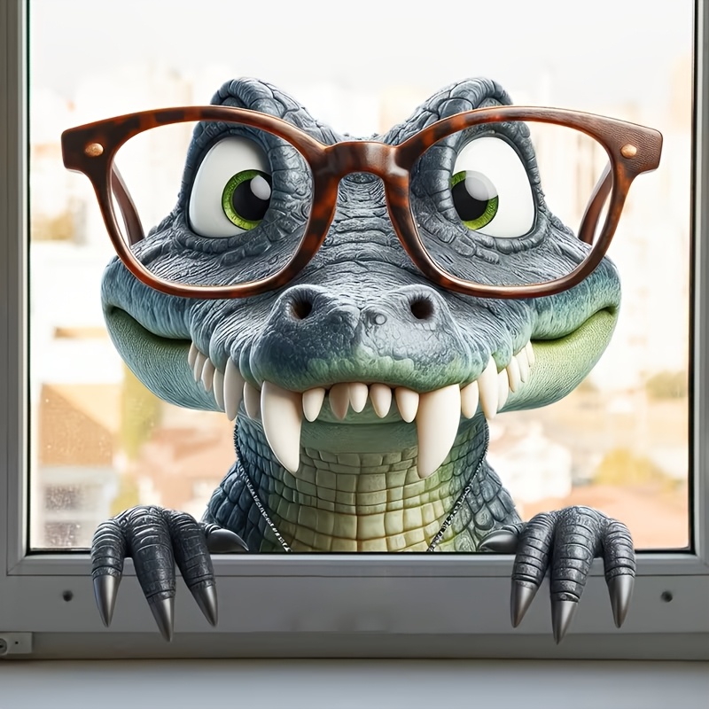 E-shop Ein kreativer Glassticker mit einem Krokodil mit Brille, wiederverwendbar und abnehmbar mit statischer Haftung, geeignet zur Dekoration von