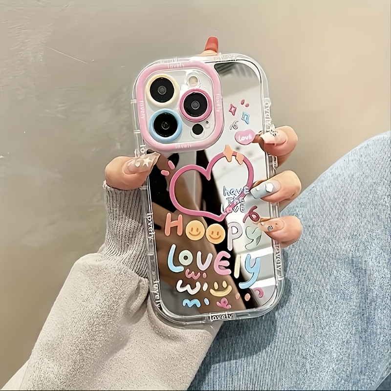 Adorable Girl Heart-Shaped Mirror Shockproof Back Cover Case Suitable for Apple iPhone 11/12/13/14/15, iPhone16/15/14/13/12/11 Pro Max XS/XR/X/7/8/Plus - Mirror Cream-Heart Transparent White-012DM
