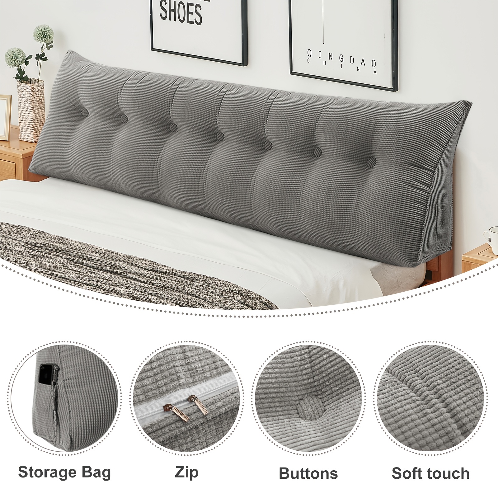 200cm Single Xl Triangular Wedge Headboard Pillow | Fabric, Removable Cover, Suitable For Bed, Dorm, Sofa, Machine Washable