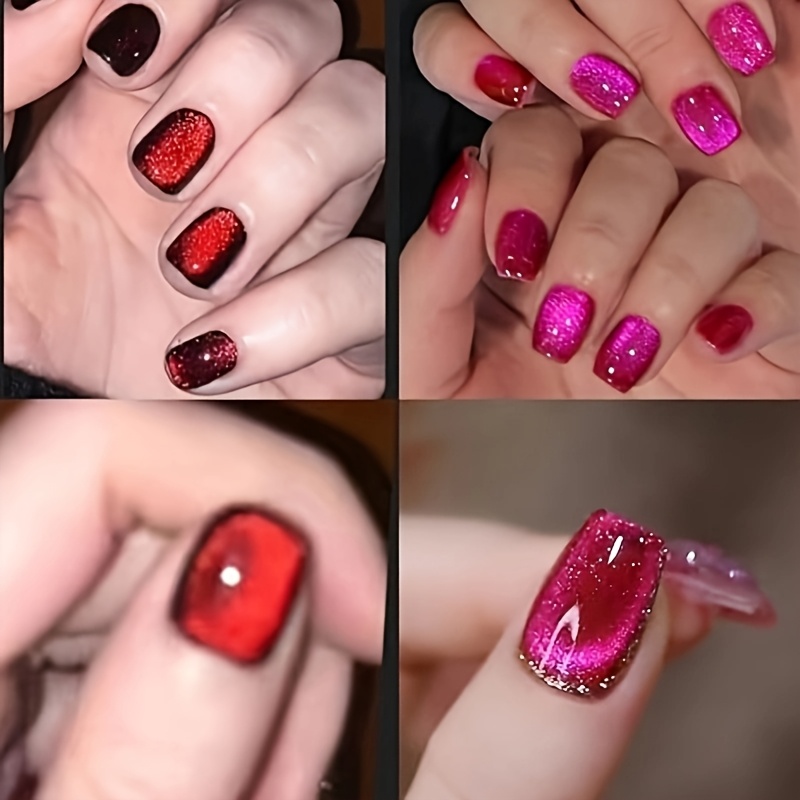 TEMU 48pcs Cat Eye Mixed False Nail Set In Peach Pink + Wine Red, A And Red That Perfectly Style Of Sophisticated Women