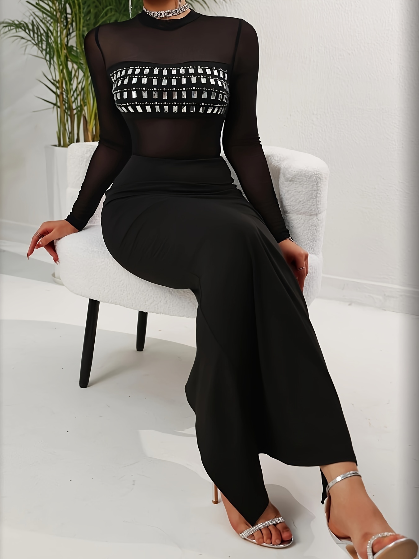 split back sheer mesh dress long sleeve see