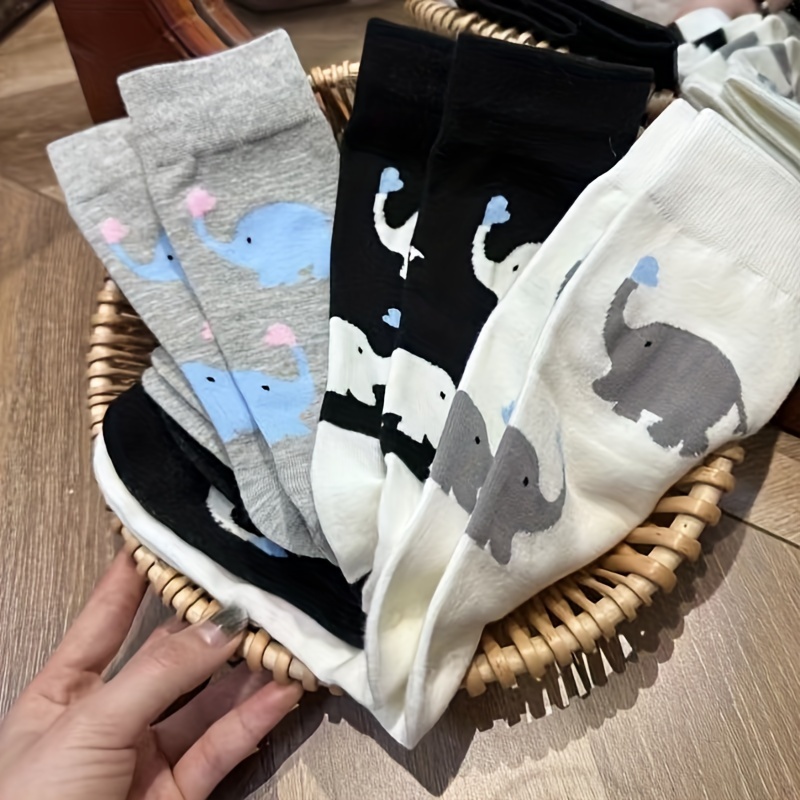 

6 Pairs Cartoon Elephant Socks, Cute & Trendy Mid Tube Socks, Women's Stockings & Hosiery