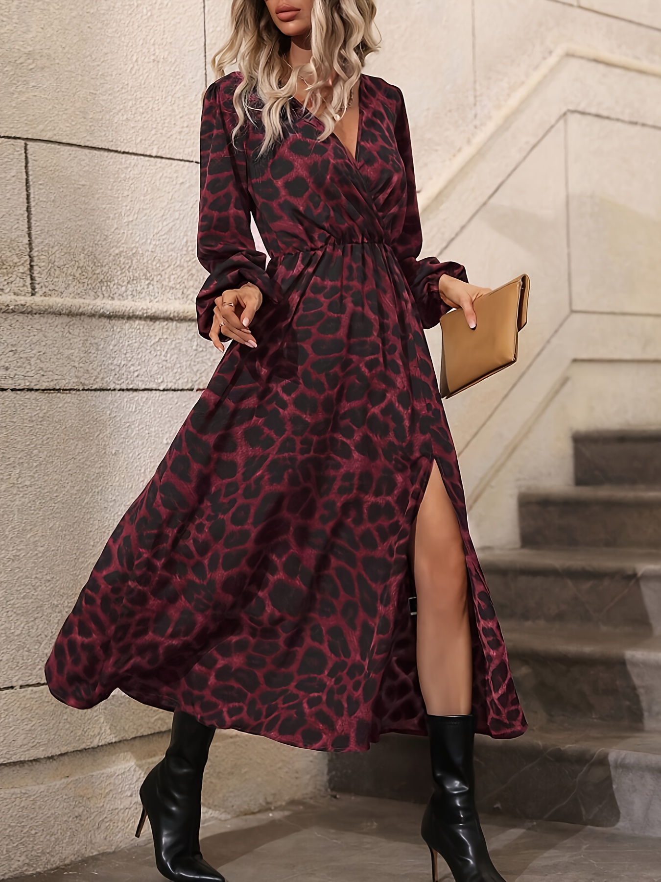 Elegant Leopard Print Lantern Sleeve High Maxi Dress 100% Polyester  V-Neck Tunic Style for Women Versatile Woven Fabric with Detailing