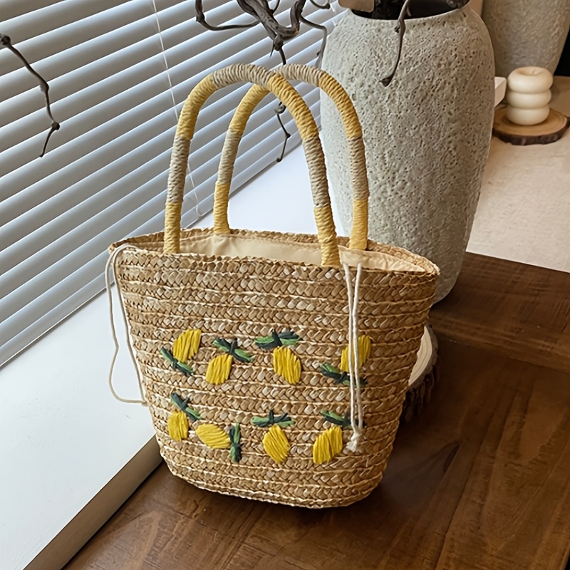 TEMU Edition: 1pc Small Capacity Hand-embroidered Wheat Straw Tote Bag, Rustic Pattern, Basket-style Handheld Storage Bag, Suitable For Summer
