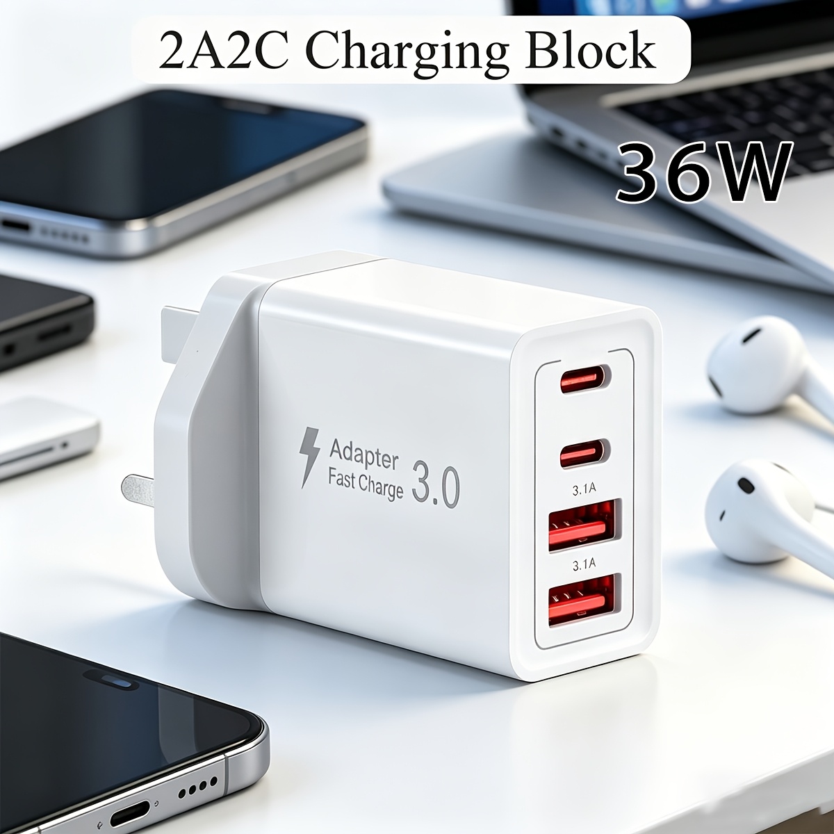 TEMU 1pc Usb Plug Designed For The Uk, Offering A Total Power Of 36w With 4 Charging Ports. It Includes A Fast Charger With Dual Pd Power Adapter And
