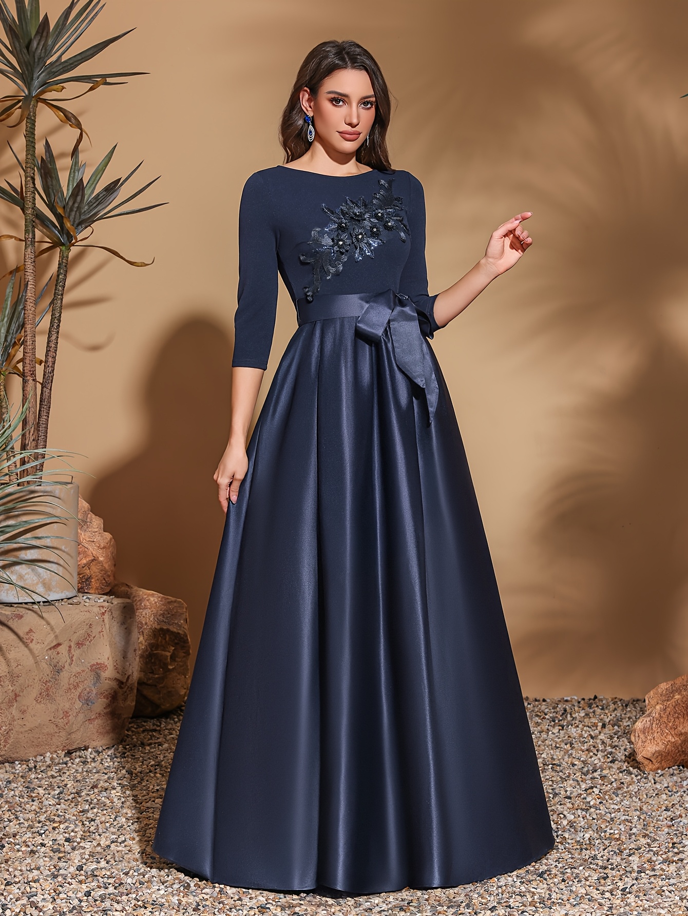 Evening Birthday Party Wear For Women Navy Blue Satin Lace Ball Gown Formal  Prom Dress EN5407