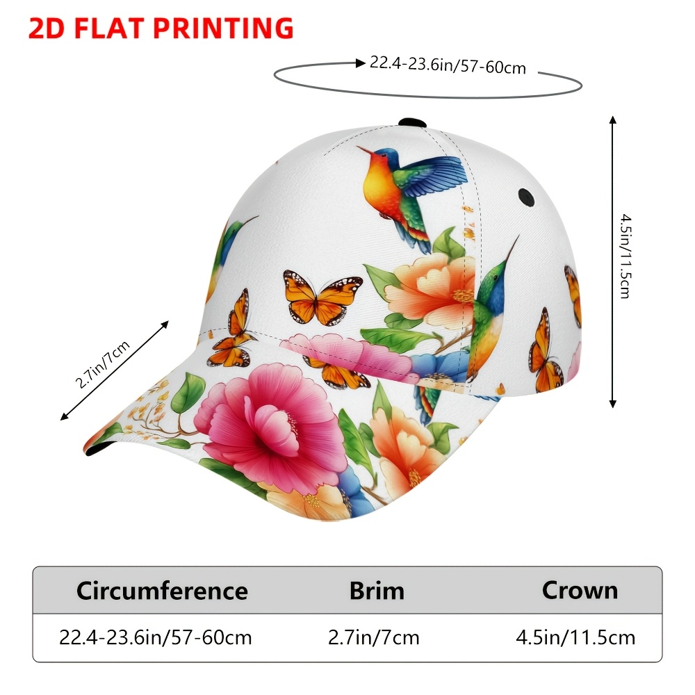 TEMU 1pc 2d Flat Printing Colorful Hummingbirds And Flowers Baseball , Curved Brim Baseball , Sports Running , Sun Hat, Adjustable Baseball , Unisex