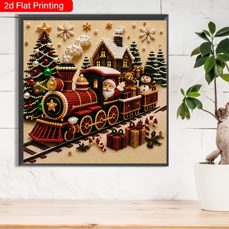 TEMU 2d Flat Irregular Diamond Painting Kit, Christmas Train Theme Frameless Handcraft Glue Diamond Art Painting, Suitable For Bedroom Decoration,