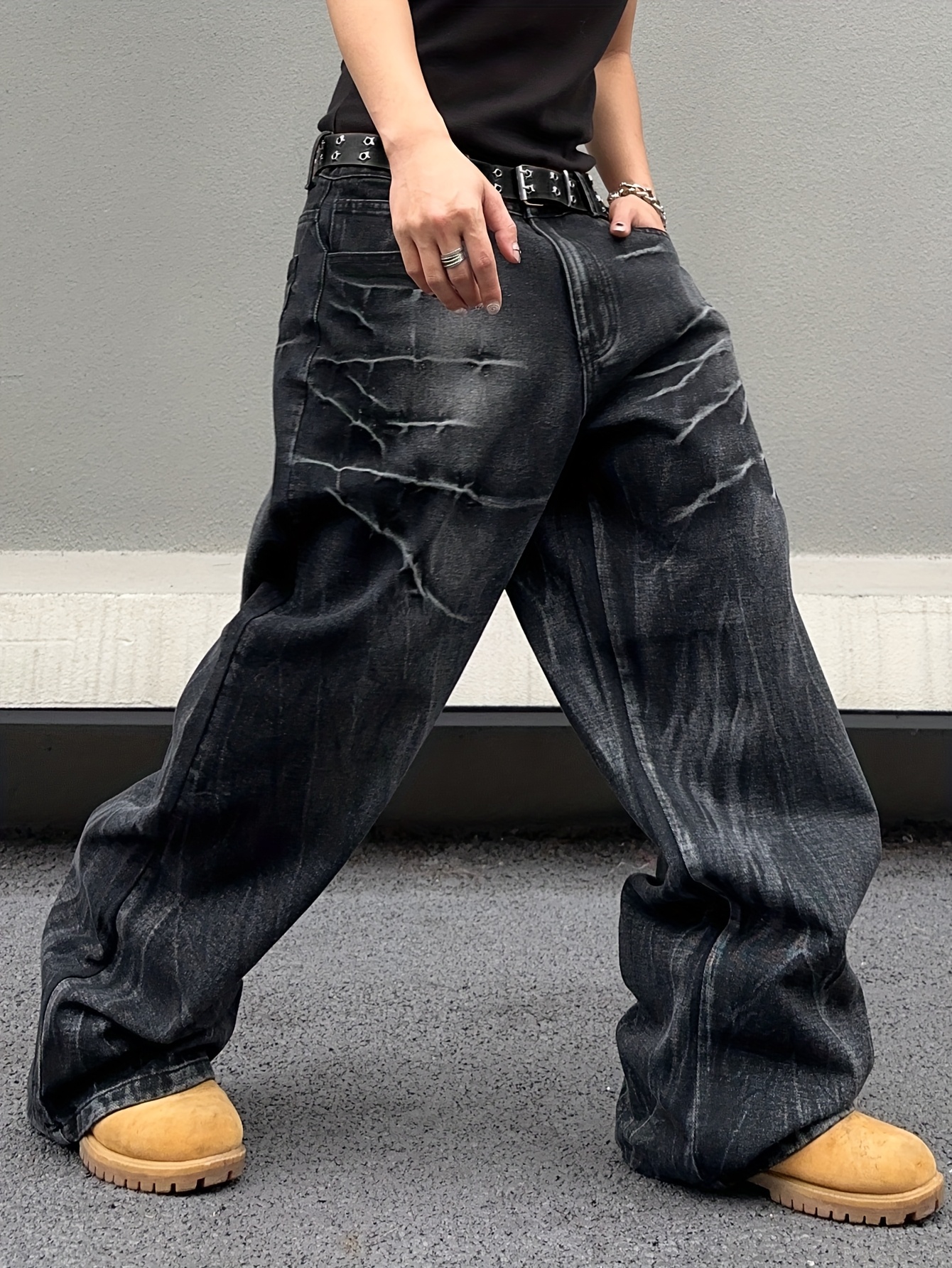 men's distressed street style loose fit jeans vintage washed