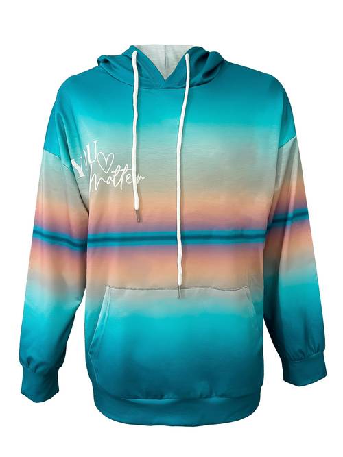 gradient color letter print hoodie casual kangaroo pocket long sleeve drawstring hooded sweatshirt womens clothing