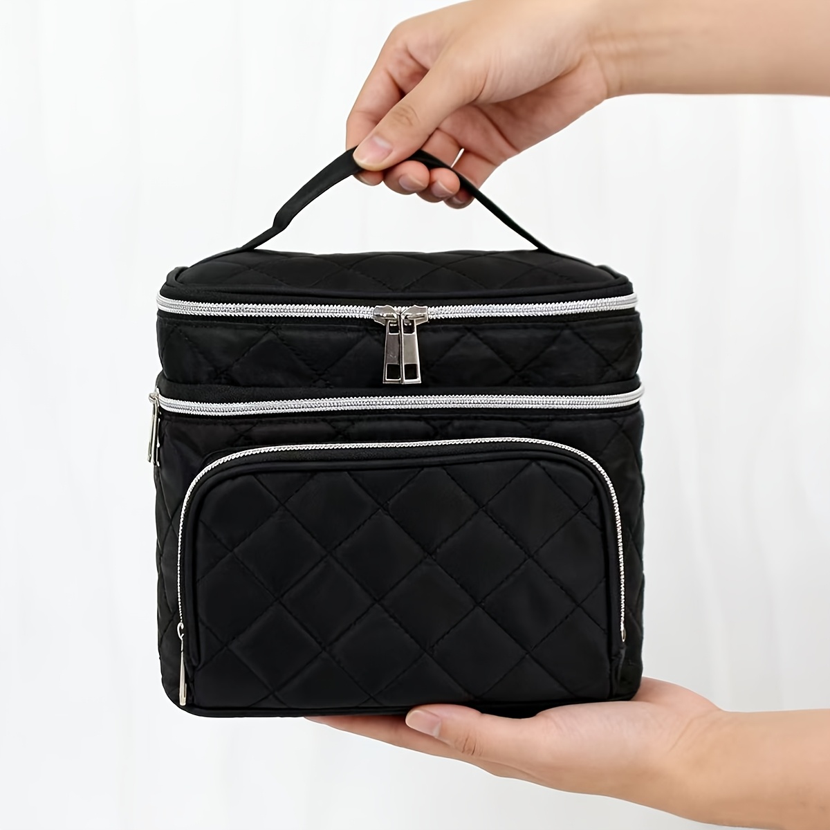 E-shop Große Kapazität Gesteppte Make-up-Tasche mit Griff Reißverschluss – Multifunktionaler Doppelschicht-Reise-Kosmetikorganizer, Tragbare