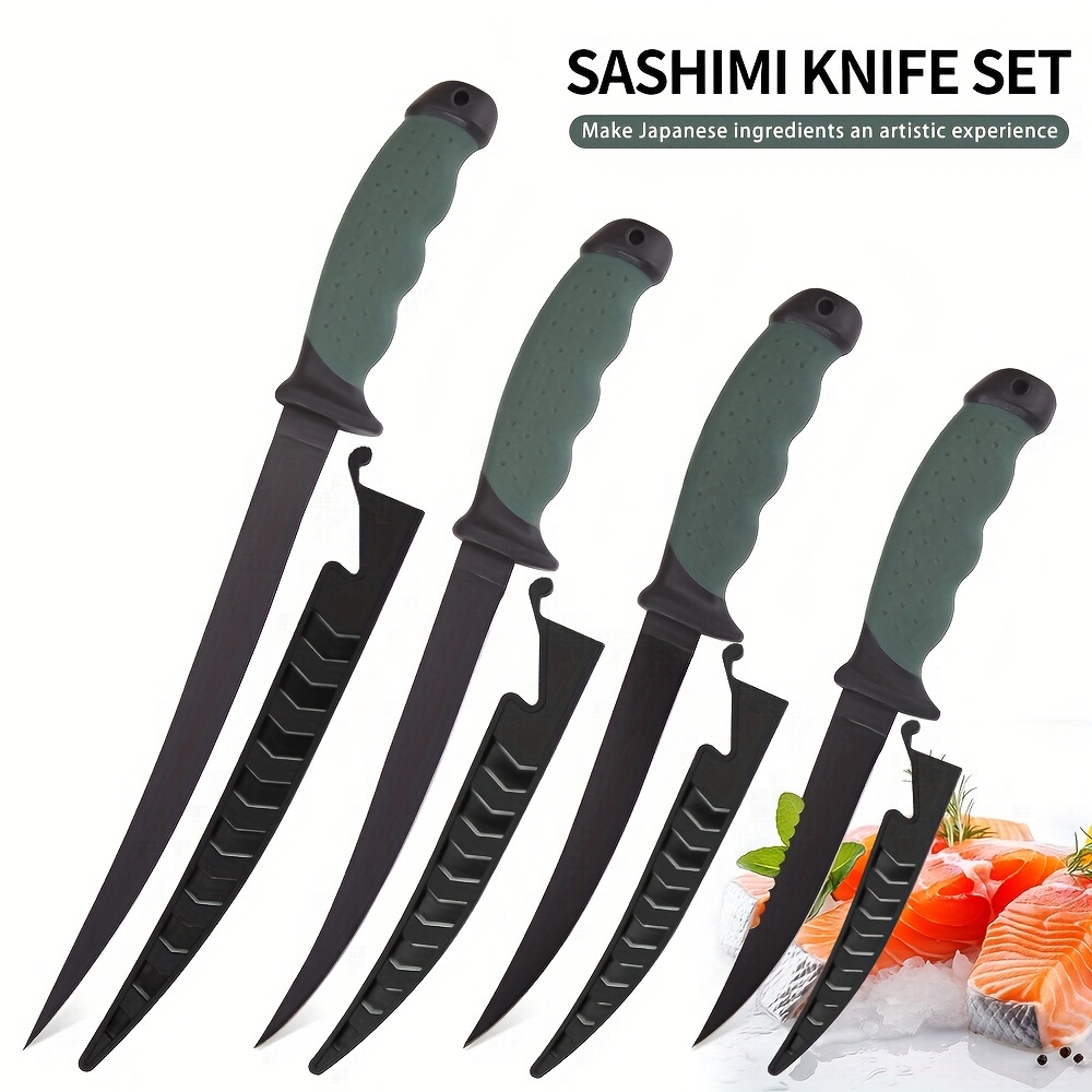 

4pcs/set Fish Cutting Fillet Knife, Coating Pp+tpr Soft Handle, Stainless Steel Fishing Knife Included Sheath