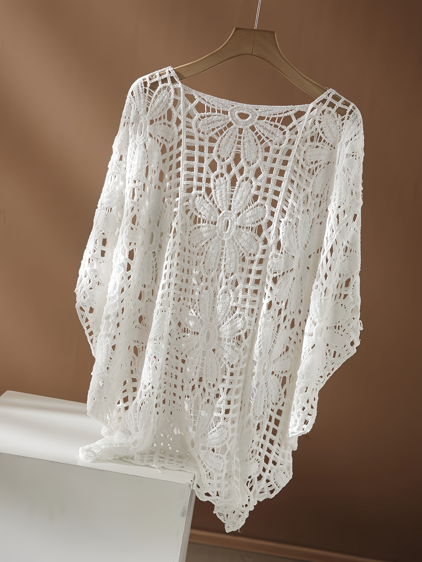   style openwork embroidery round neck batwing five sleeve pullover blouse
