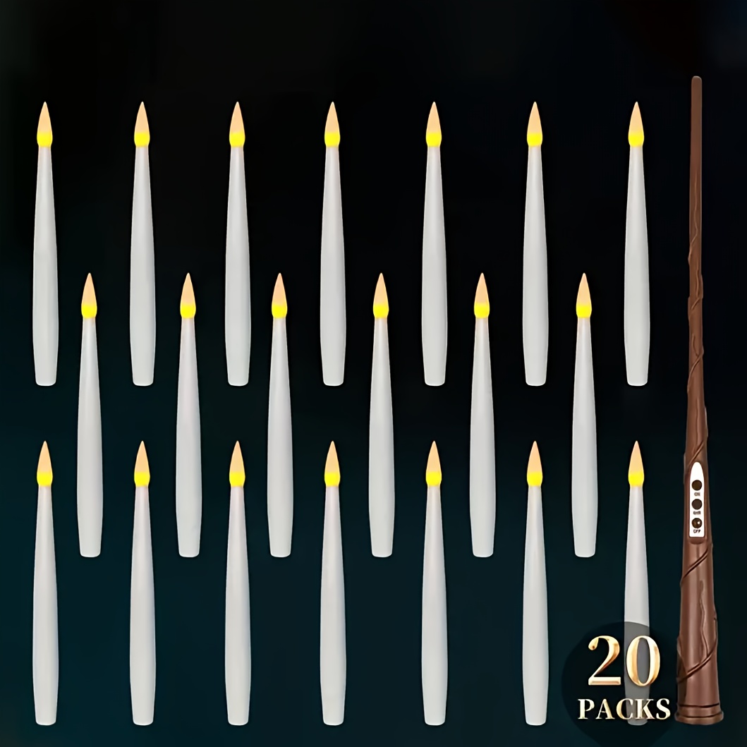 Drijvende LED-kaarsen, 20 stuks magische kaarsen om op te hangen met toverstaf, led, vlamloze kaarsen, batterijkaarsen voor thuis, kerk, feest, Halloween, kerstdecoratie (20 stuks