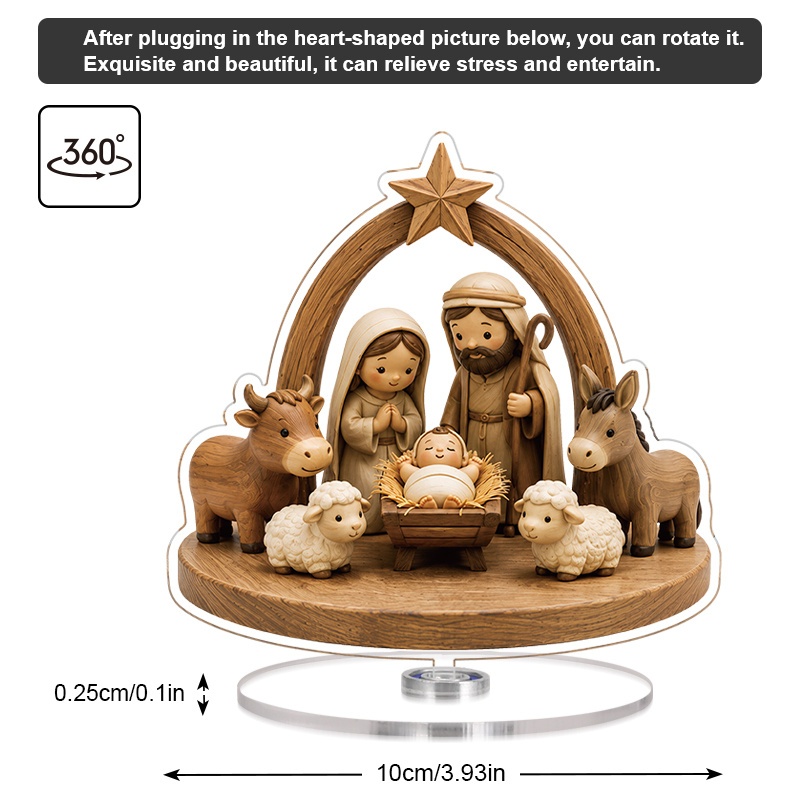 TEMU 2d Flat Single Piece Rotatable Irregular Acrylic Christmas Scene Desktop Ornament, With 4pcs Round Adhesive Points, Wooden Archway Holy Family
