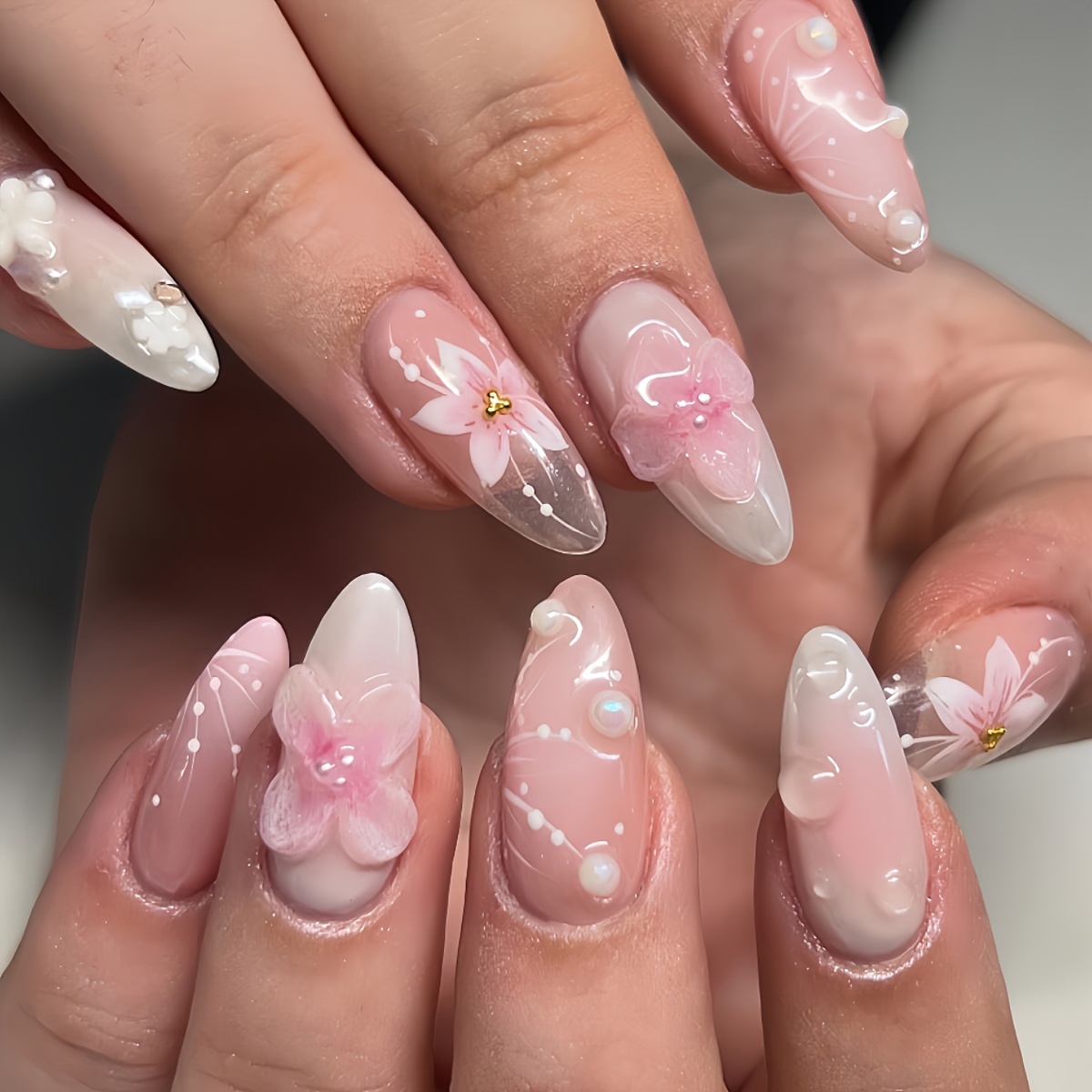 

24-pcs Pink Almond Shaped Nail Set, Middle Length With Flower Pattern And Glossy Finish, Fashionable Press-on Nails With Lotus And Pearl Accents For Women – Includes Gel Nail File