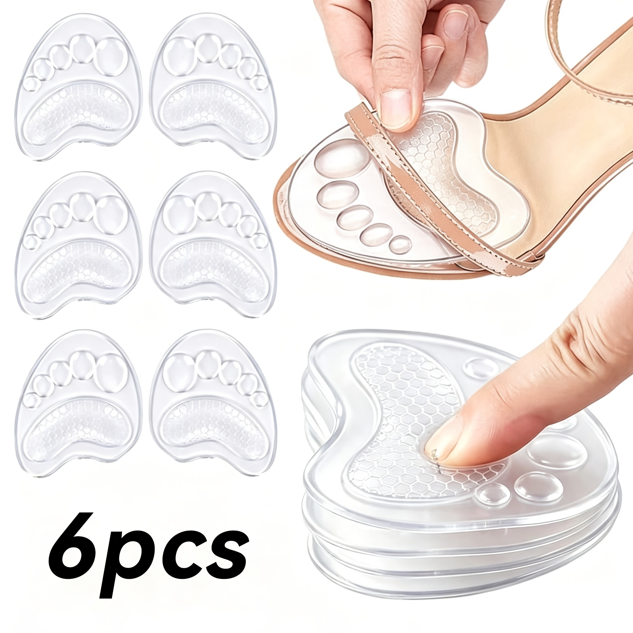 TEMU 6pcs Semelles en Gel Transparentes en Silicone pour Femmes, Coussinets -Pied, Coussinets de Chaussures de Sport, Semelles Amortissantes