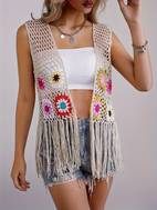womens lightweight crochet vest with floral geometric patterns fringe hem semi summer fashion machine washable elegant layering piece for casual outfits crochet clothes casual handcrafted