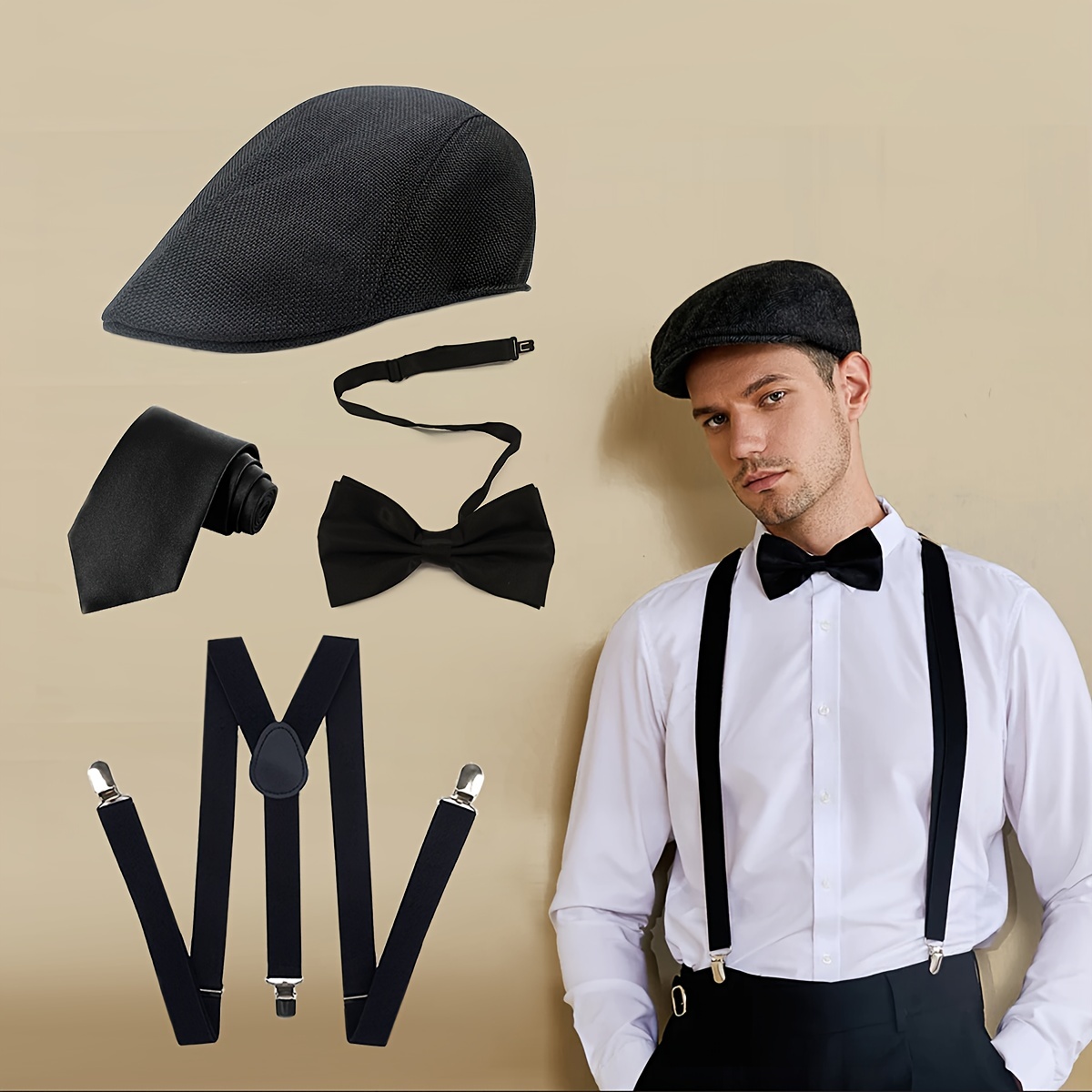 

4pcs D Elegant 1920s Men's Costume Accessories Set - Polyester Peaky Cap Hat, Suspenders, Bow Tie, Tie - Hand Wash/ - Cosplay Outfit