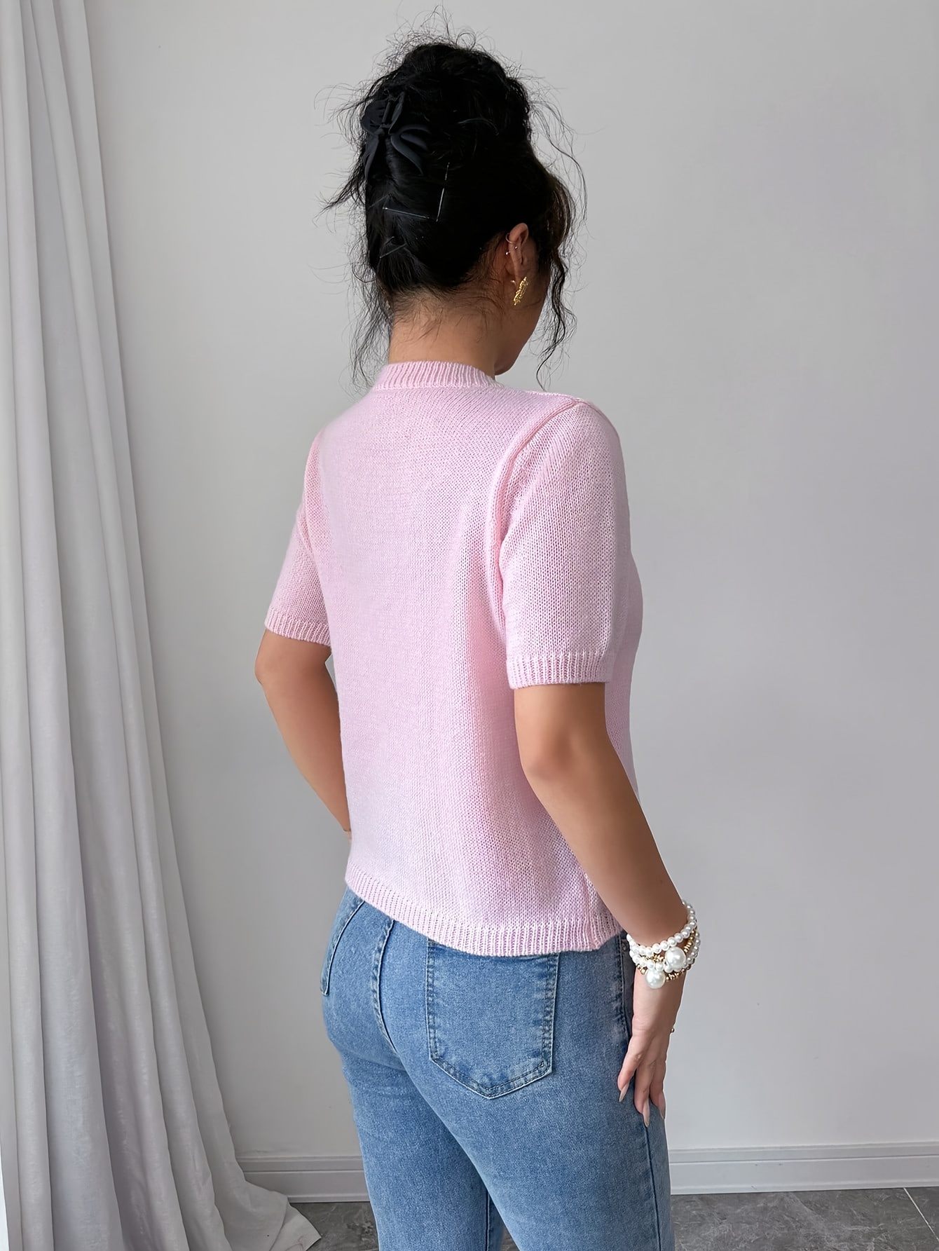 women's elegant knit cardigan soft pink short sleeve round Temu
