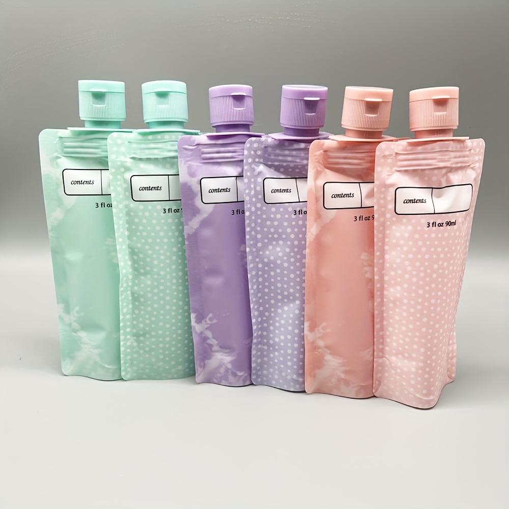set of 6 travel portable lotion dispensing bags 90 ml colorful empty squeeze bags reusable leak proof travel cosmetic packaging bags for cosmetics shampoo conditioner lotion soap and hand wash