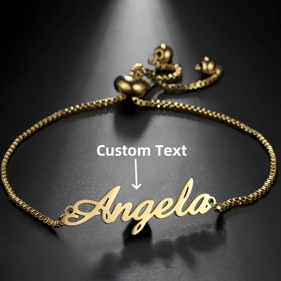 TEMU 1pc Bracelet Personnalisé Nom/Texte - Couple & sur Mesure, Perles en Acier Inoxydable Plaqué Or 18k avec Votre Message - Bijou Élégant et ,
