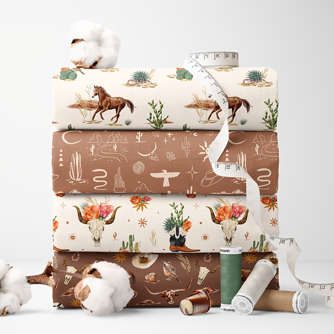 TEMU 4pcs Set Wild West Print Fabric - 18x22 Inches (55x45cm) Pre-cut Polyester Fabric With Horses, , Tropical Plants, Birds, Flowers, And Other