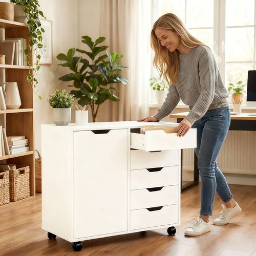 five drawer wooden chest of drawers office storage cabinet with adjustable shelves and wheels printer stand for home office use with with brakes