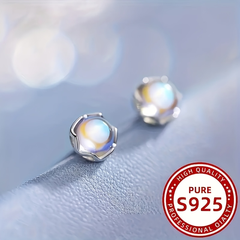 Women's 925 Sterling Silver Round Moonstone Stud Earrings