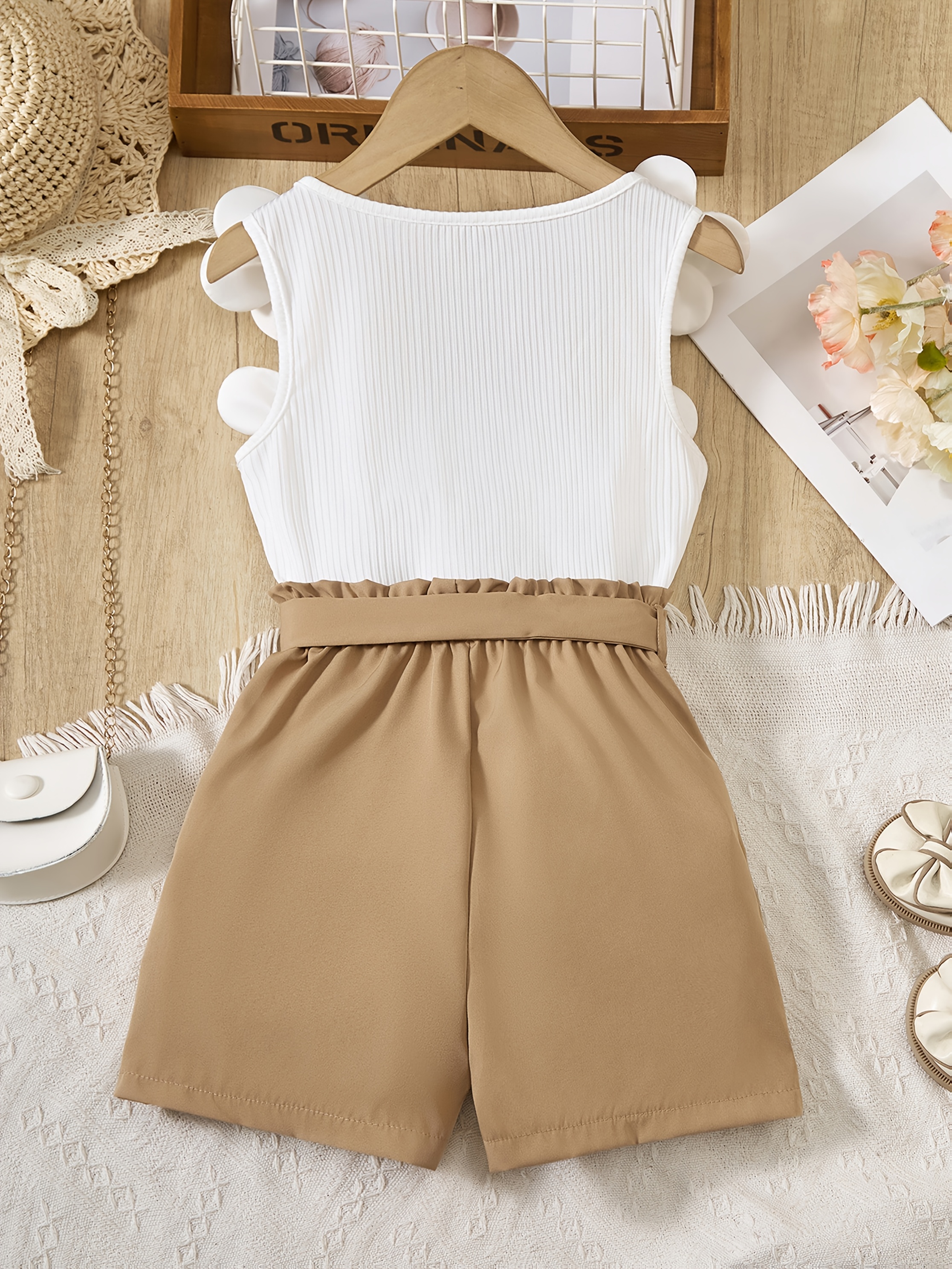 Girls' Casual Lady-Style Sleeveless Short Top with 3D Studded Beaded  Flowers Shorts 2-Piece Set with Belt