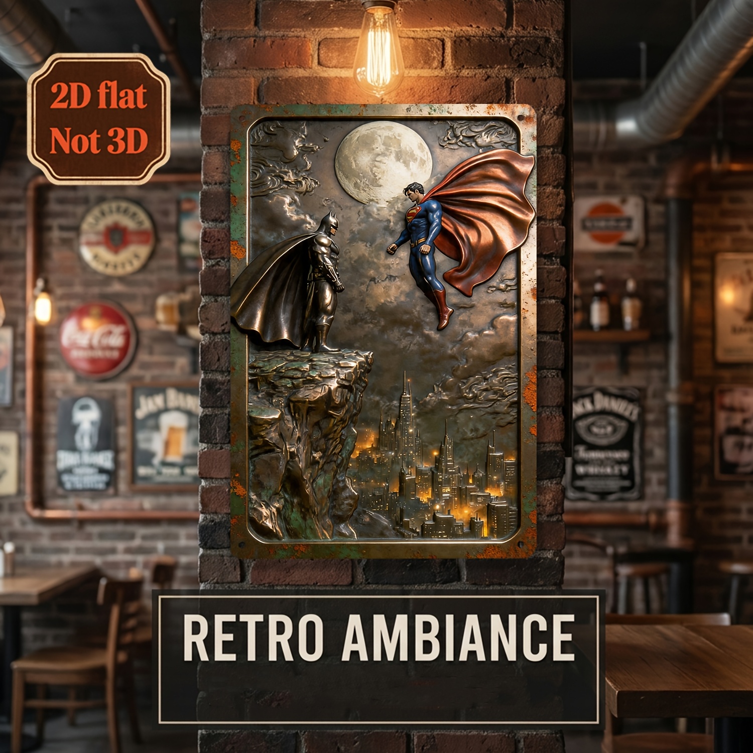 TEMU 2d Flat, 2d Flat-[2dflat] 1pc Batman And Superman Theme Retro Sign, Suitable For Bars, Cafes, Garage Decorations, Home Decor, And Garden Fences.