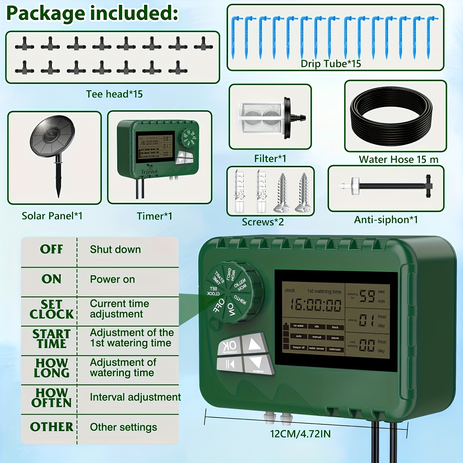 A Garden Irrigation Setup That Includes A Solar-powered Water Pump, Automatic Watering Mechanisms For Potted Plants, And Drip For Garden Containers